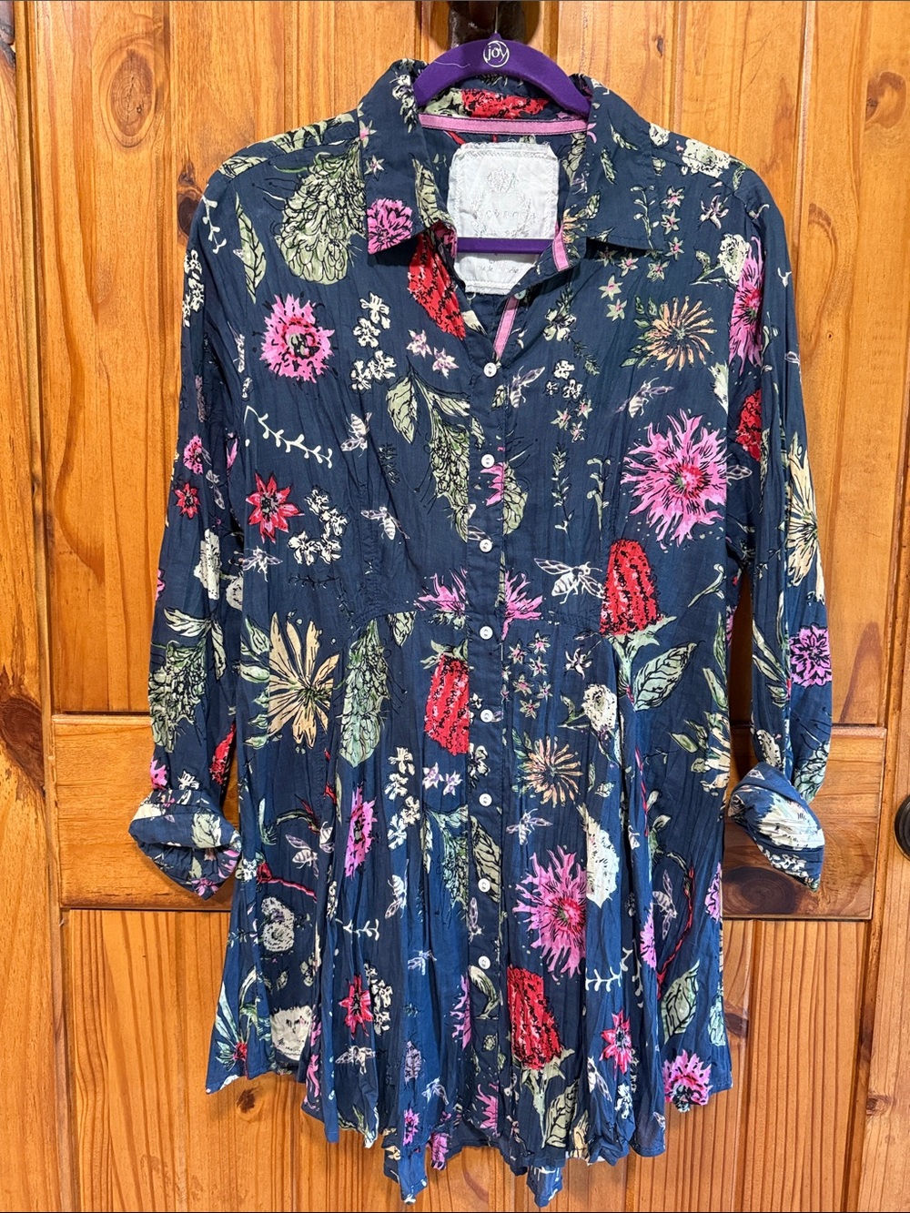 Button-Front Navy Floral Blouse with Pink & Red Accents